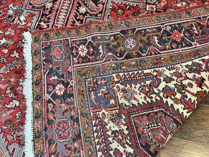 Large Persian Heriz Rug 10x13, Wool Hand Knotted Antique Carpet, Red and Ivory, Geometric Tribal Room Sized Rug, Decorative Oriental Rug