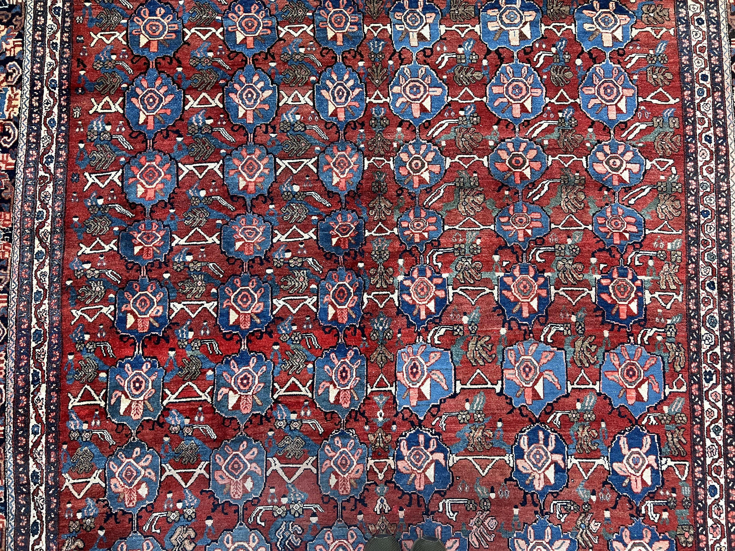 Antique Persian Bijar Rug 9x12 Allover Motif Red Blue Wool Handmade