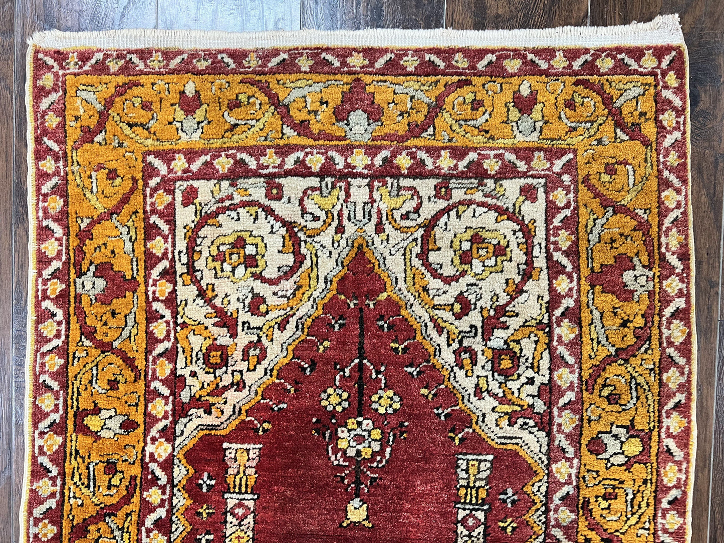 Antique Turkish Prayer Rug 3x5 Hand Knotted Oushak Wool Mehrab Vintage Carpet
