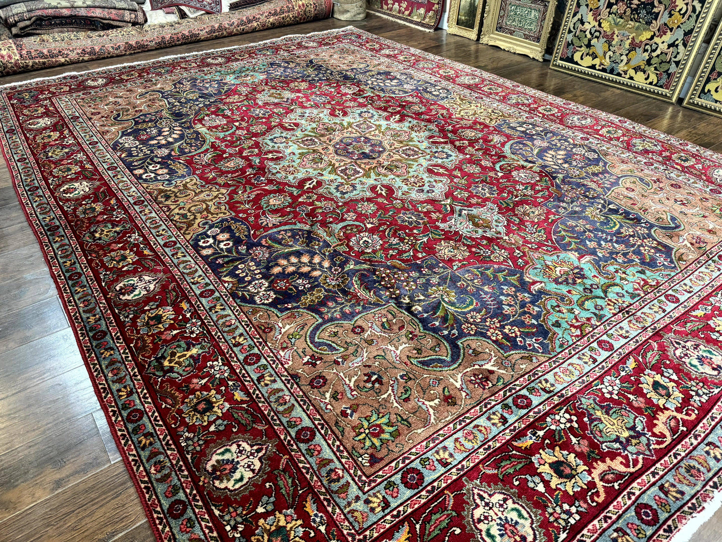 Wonderful Persian Tabriz Rug 10x14, Antique Persian Carpet, Handmade Wool Rug, Floral Medallion, Red Navy Blue, Colorful, Large Persian Area Rug