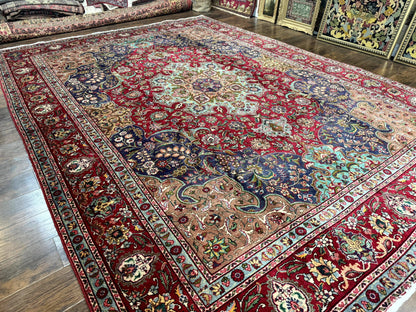 Wonderful Persian Tabriz Rug 10x14, Antique Persian Carpet, Handmade Wool Rug, Floral Medallion, Red Navy Blue, Colorful, Large Persian Area Rug