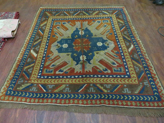 Vintage Turkish Kazak Rug Handmade Wool 60x67Inch Boho Bohemian Decor