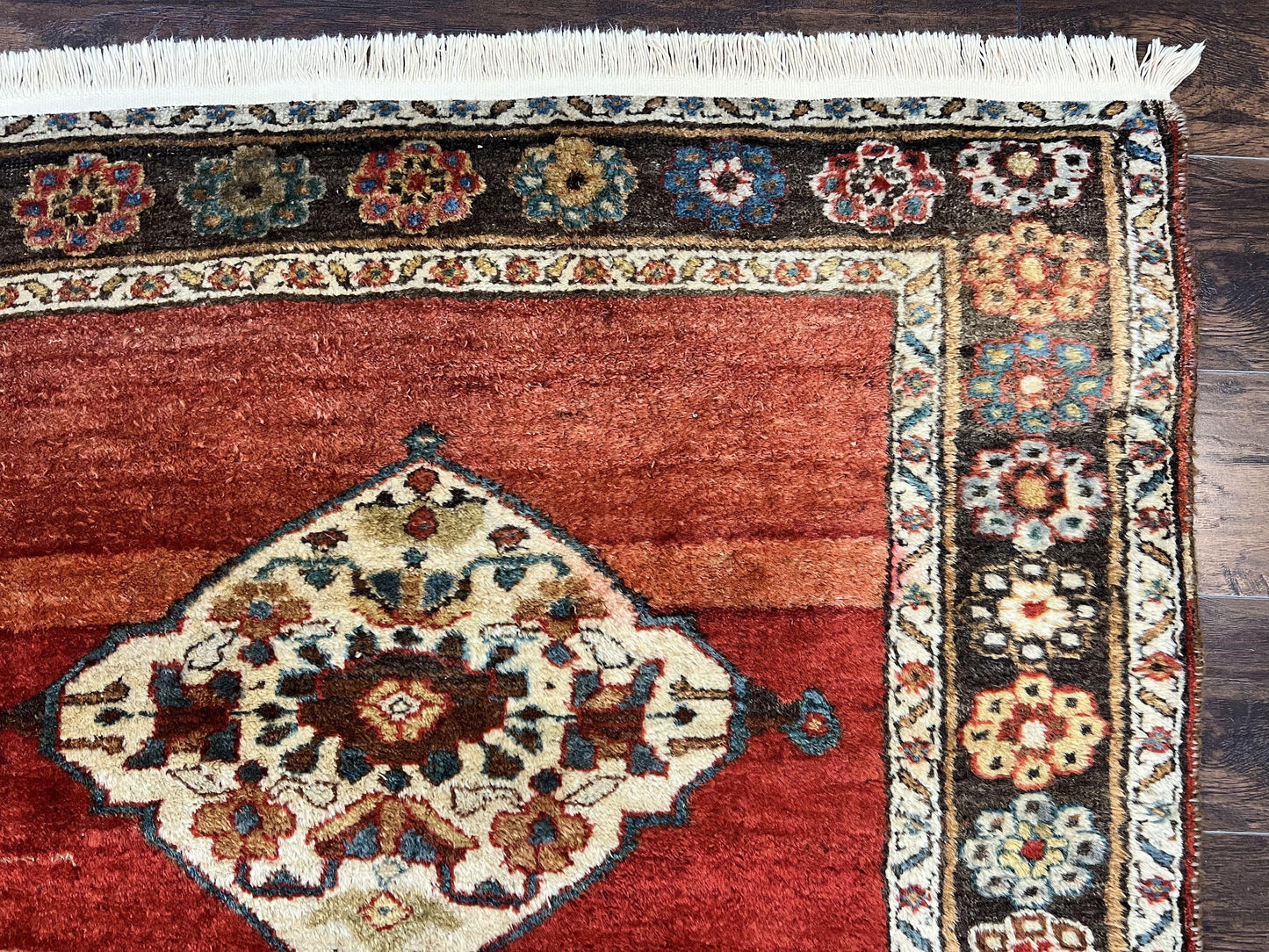 Antique Persian Bidjar Rug 4x8 Hand Knotted Wool Carpet With Triple Medallions 1920s Red