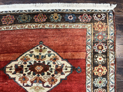 Antique Persian Bidjar Rug 4x8 Hand Knotted Wool Carpet With Triple Medallions 1920s Red