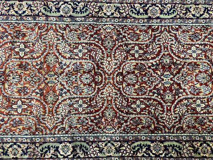 Indo Persian Rug 4x7, Allover Floral Oriental Carpet, Red and Navy Blue, Hand Knotted Indian Kashmiri Traditional Vintage Area Rug 4 x 7 ft