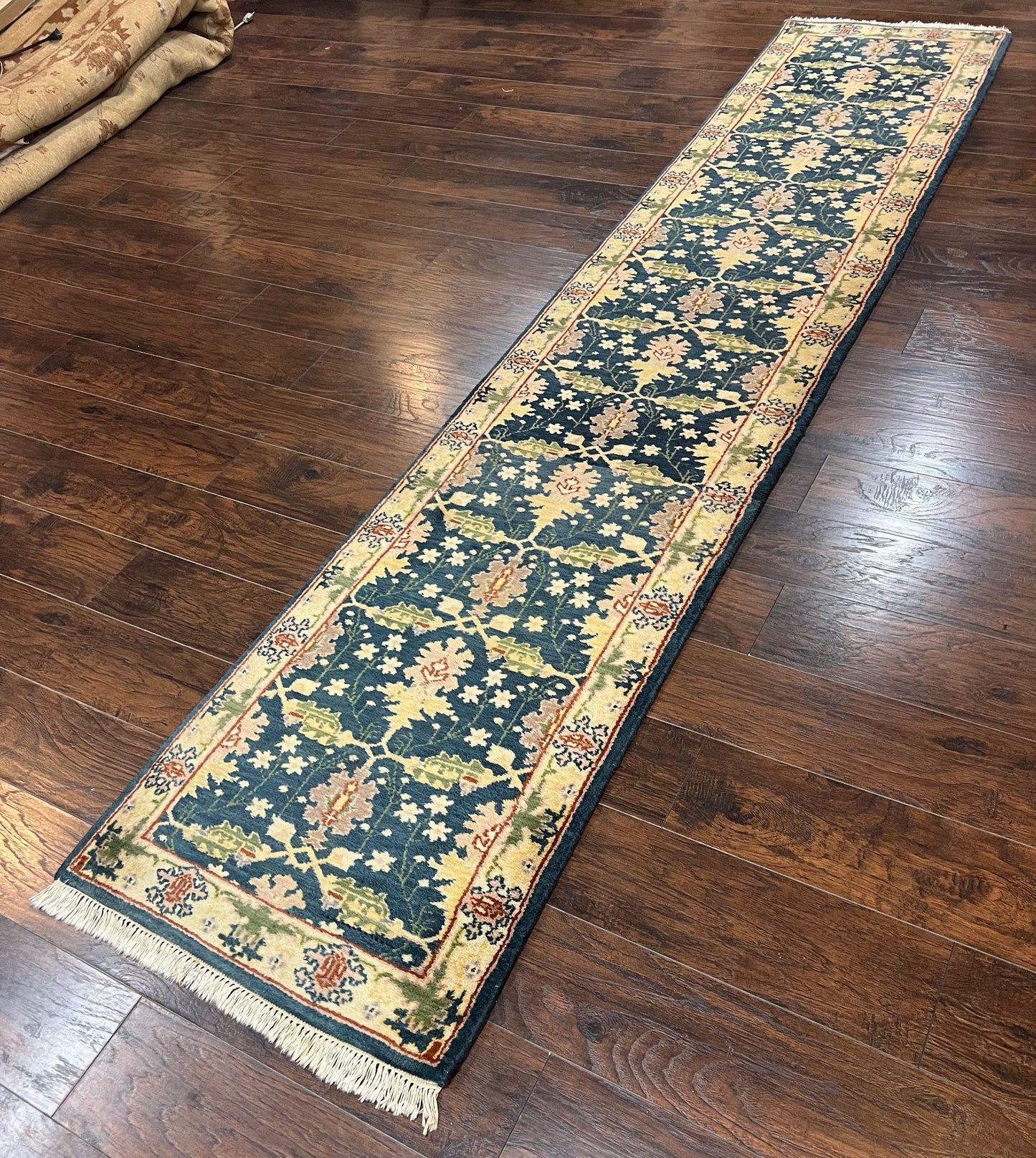 Indian Runner Rug 2.6 x 12, Navy Blue Beige Oriental Runner Rug 12ft Long, Narrow Hallway Runner, Wool Hand Knotted Indo Persian Mahal Rug