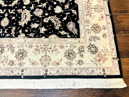 Sino Persian Rug 6x9, Black and Ivory, Wool and Silk Highlights, Handmade