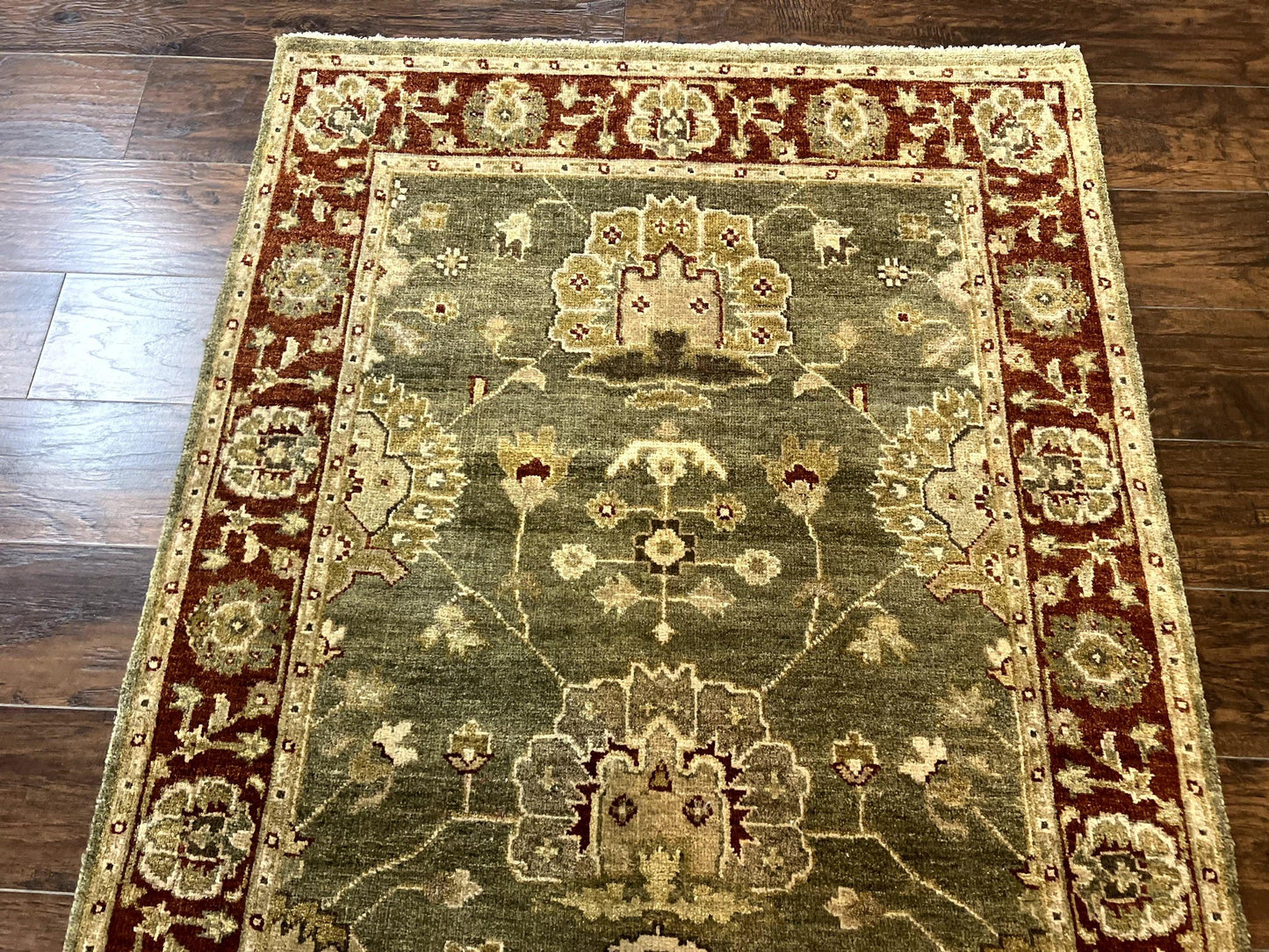 Indo Oushak Rug 4x6 Hand Knotted Wool Vintage Floral Green Maroon
