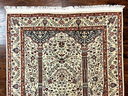 Persian Prayer Rug 4x6 Tree of Life Hand Knotted Wool Beige Vintage