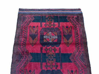 Balouchi Rug Vintage Hand Knotted Afghan Wool Tribal Area Rug Red Black