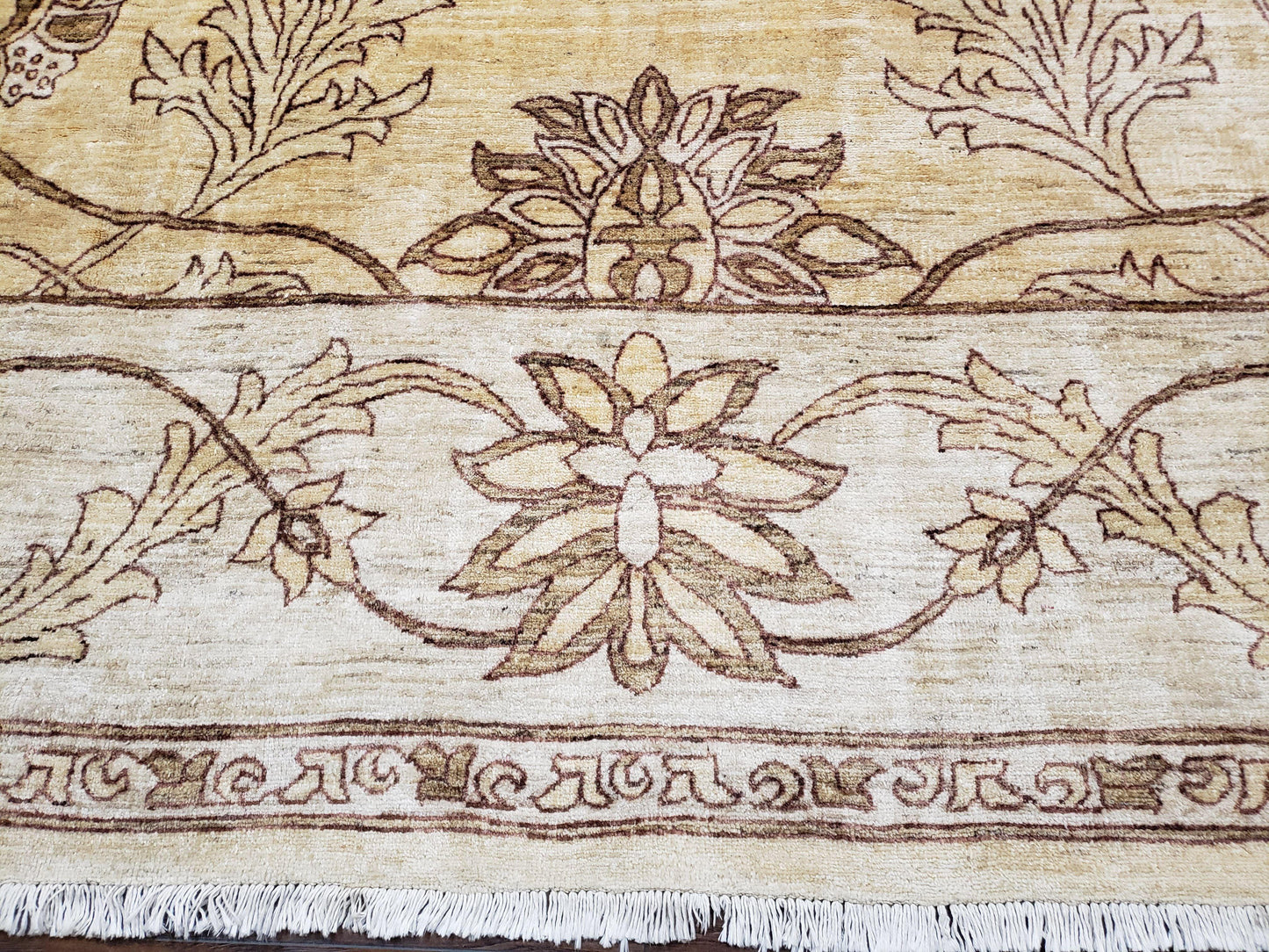 Oversized Peshawar Chobi Oushak Area Rug 11.6 x 12.5, Wool Hand-Knotted Light Gold & Ivory Decorative Pakistani Floral Carpet, 11x12 - 12x13