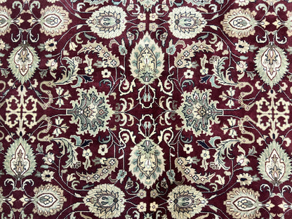 Indo Persian Rug 10x14, Floral Allover, Maroon, Handmade Hand Knotted VIntage Wool Rug, Large Oriental Carpet