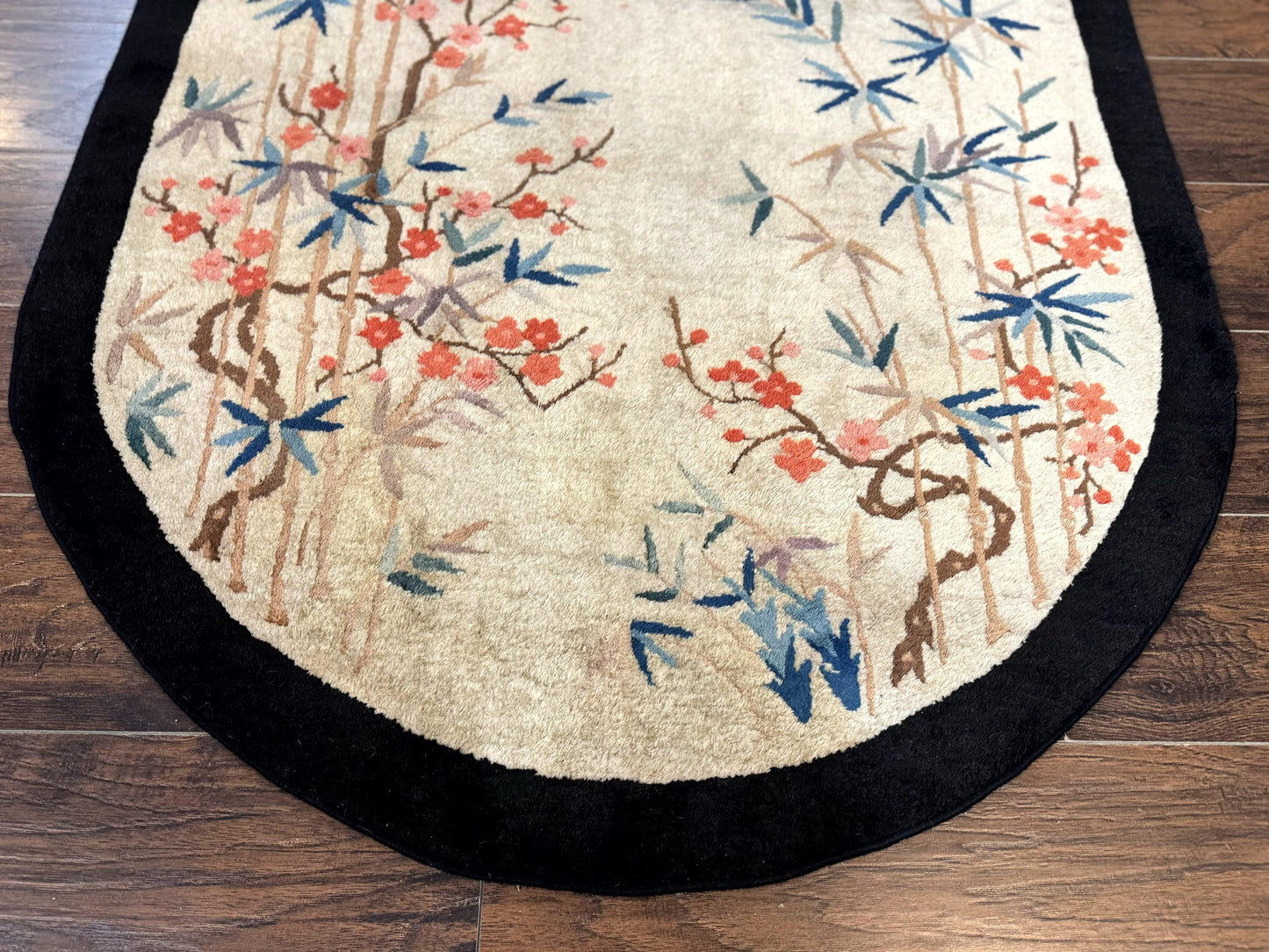 Antique Chinese Wool Rug Oval 3.9x6.7 Handmade Peking Carpet Floral Butterflies Beige