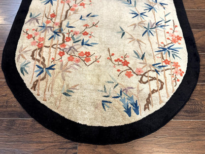 Antique Chinese Wool Rug Oval 3.9x6.7 Handmade Peking Carpet Floral Butterflies Beige