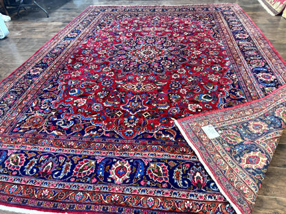 Antique Persian Mashad Rug 10x13, Red and Navy Blue, Great Colors, Signed By Masterweaver, Floral Medallion, Handmade Wool Persian Carpet