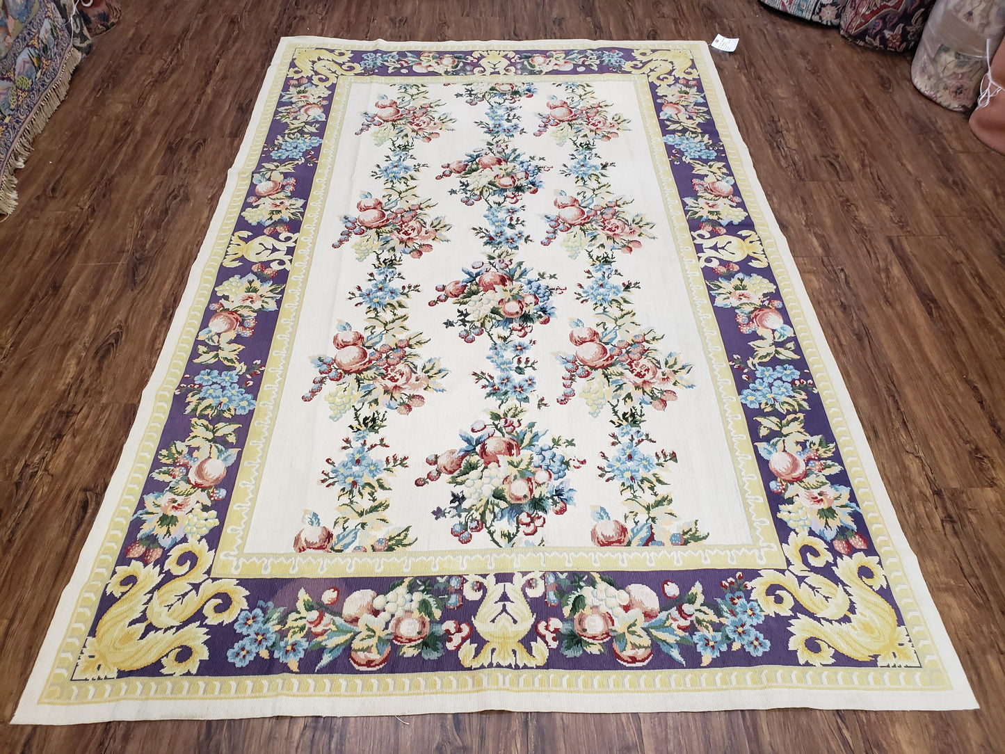 Vintage Chinese Floral Needlepoint Rug Wool Handwoven Flatweave Area Rug 6x9 Ivory Purple Dining Room