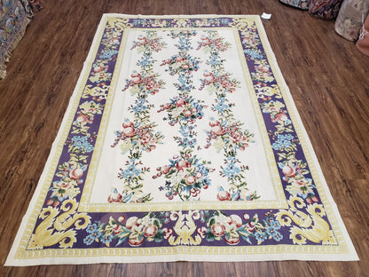 Vintage Chinese Floral Needlepoint Rug Wool Handwoven Flatweave Area Rug 6x9 Ivory Purple Dining Room
