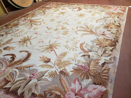Needlepoint Rug Floral Beige Handmade Premium Wool New Area Rug 8x10