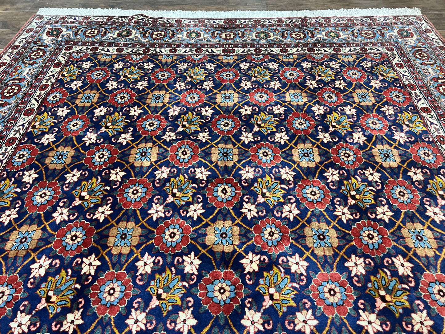 Persian Veramin Rug 7x11 Handmade Vintage Navy Blue Wool Area Rug