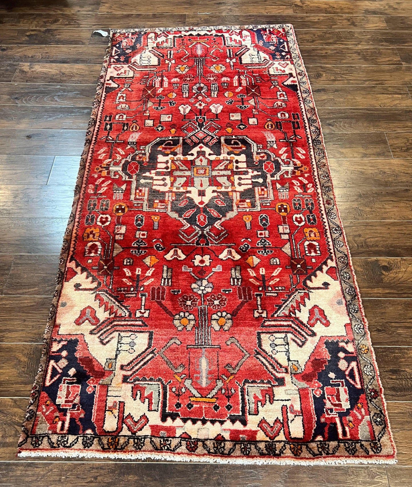 Antique Persian Tribal Rug 4 x 8, Geometric Medallion, Boho Rug, Wool Handmade Rug, Red 4x8 Rug, Persian Hamadan Rug