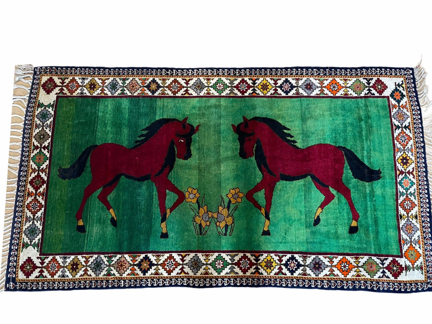 Handmade Wool Pictorial Horses Rug 4x7 Green Butterfly Colorful