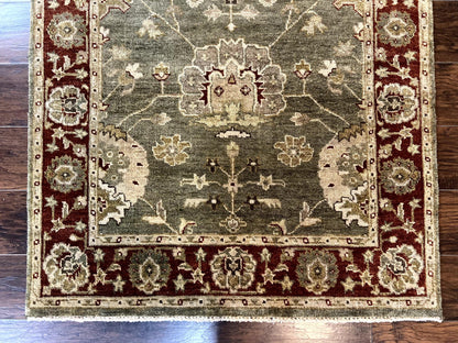 Indo Oushak Rug 4x6 Hand Knotted Wool Vintage Floral Green Maroon