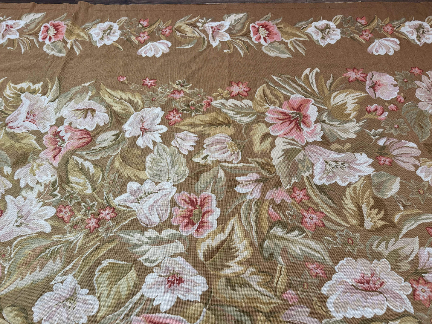 Large Needlepoint Rug 11x14, Vintage Floral Wool Carpet, Caramel