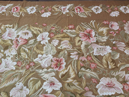 Large Needlepoint Rug 11x14, Vintage Floral Wool Carpet, Caramel