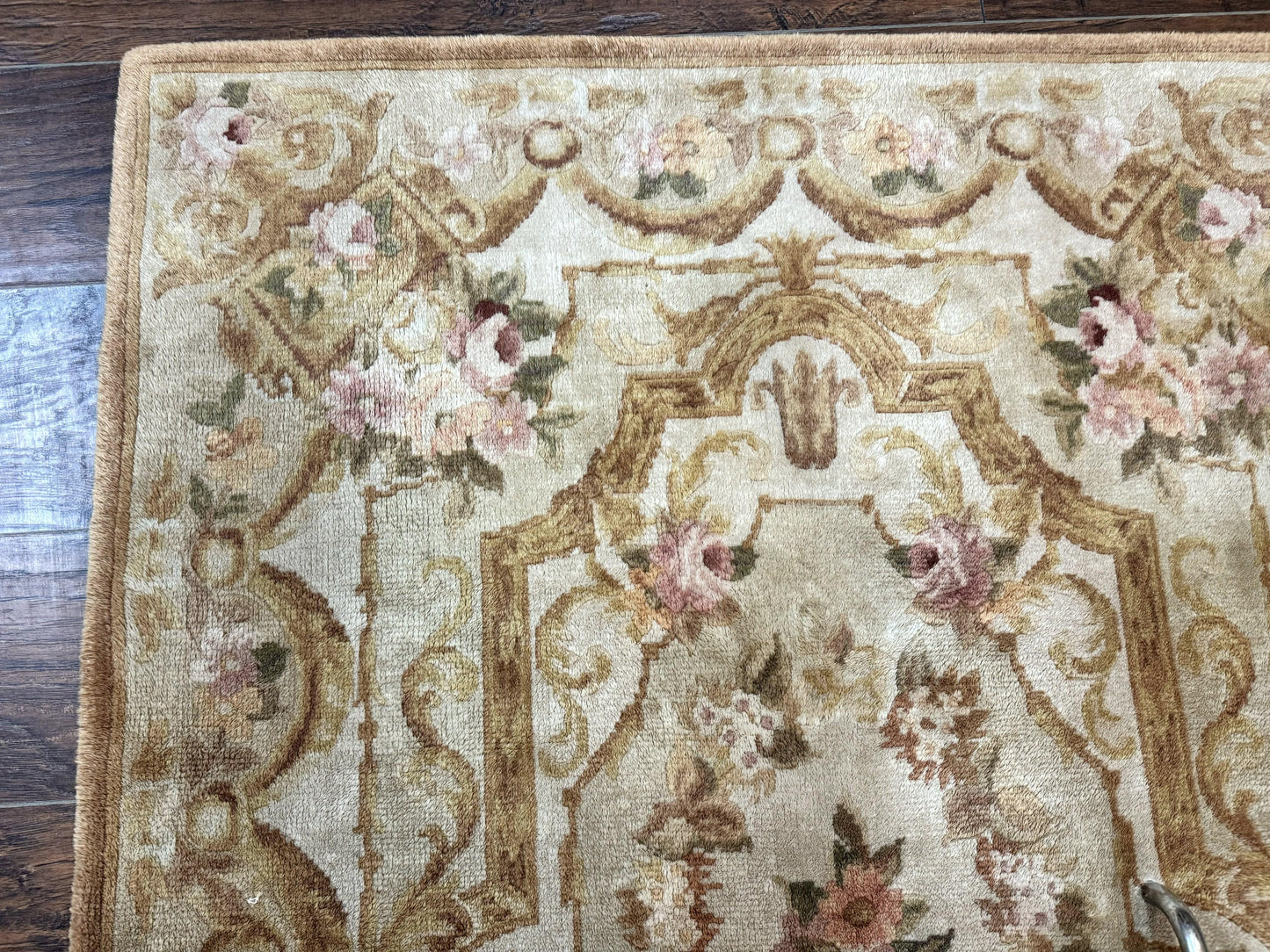 Handmade Chinese Aubusson Rug 3.6 x 5 Beige and Gold Vintage European Design