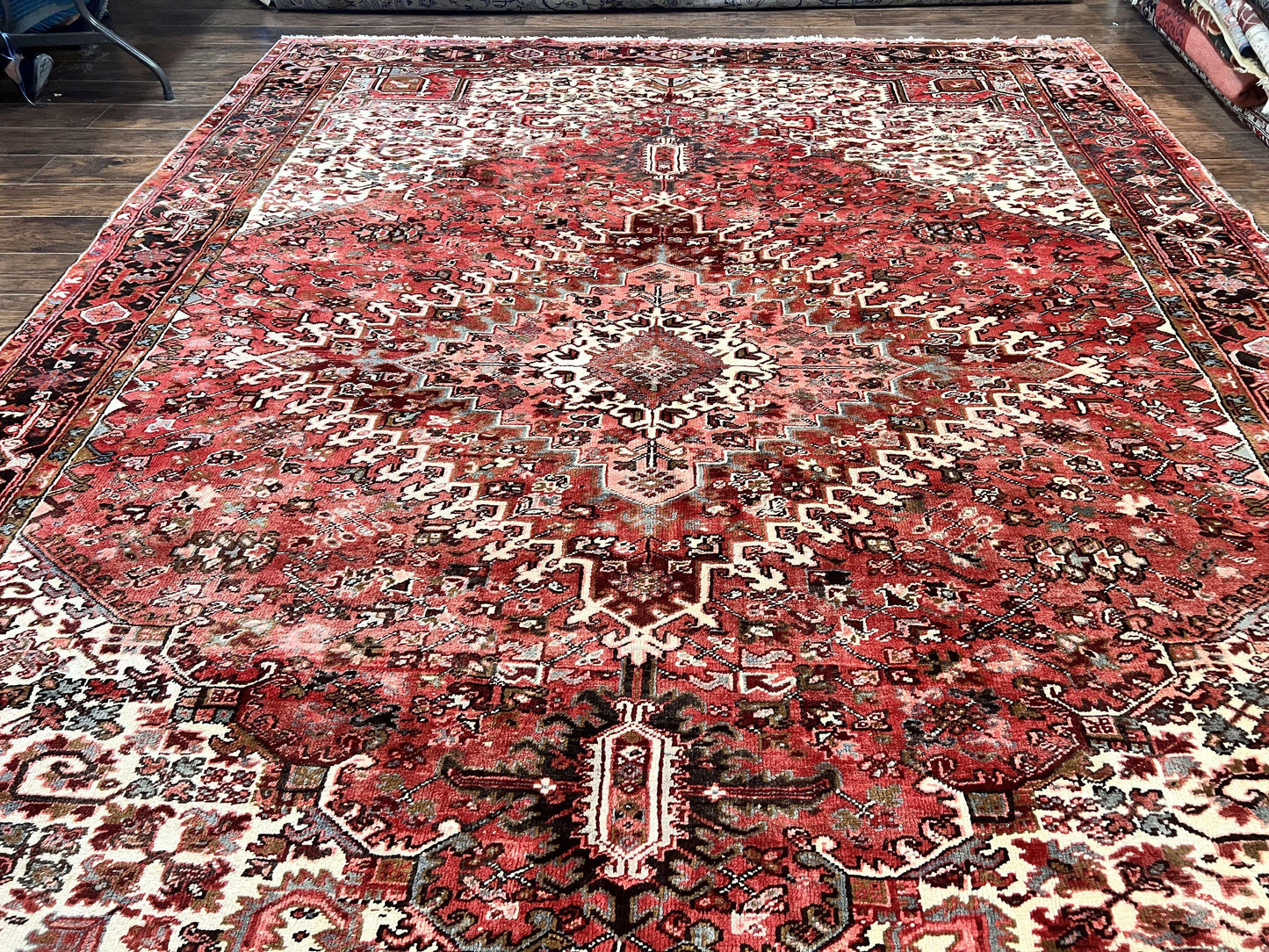 Large Persian Heriz Rug 10x13, Red and Cream Geometric Tribal Room Sized Handmade Wool Hand Knotted Semi Antique Decorative Oriental Carpet