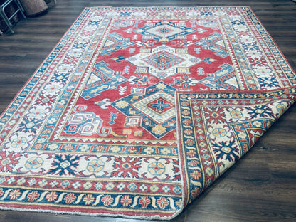 Turkish Kazak Rug 7.6 x 9.5 Hand Knotted Wool Caucasian Geometric Medallions