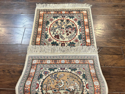 Silk Turkish Rug 2x4, Fine Handmade Oriental Rug, Animal Pictorial Birds Silk Pile on Silk Foundation Vintage Hand Knotted Hereke Carpet