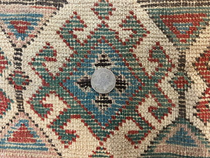 Caucasian Kazak Runner Rug 3.6 x 8, Wool Hand Knotted Antique 1880s Carpet, Ivory & Multicolor Stripes Oriental Runner Rug, Hallway Rug