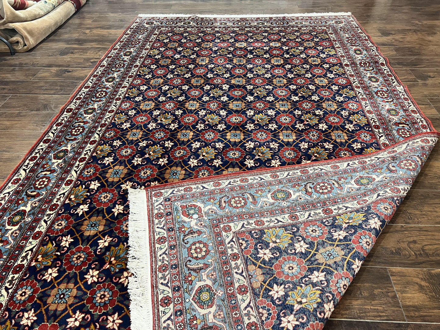 Persian Veramin Rug 7x11 Handmade Vintage Navy Blue Wool Area Rug