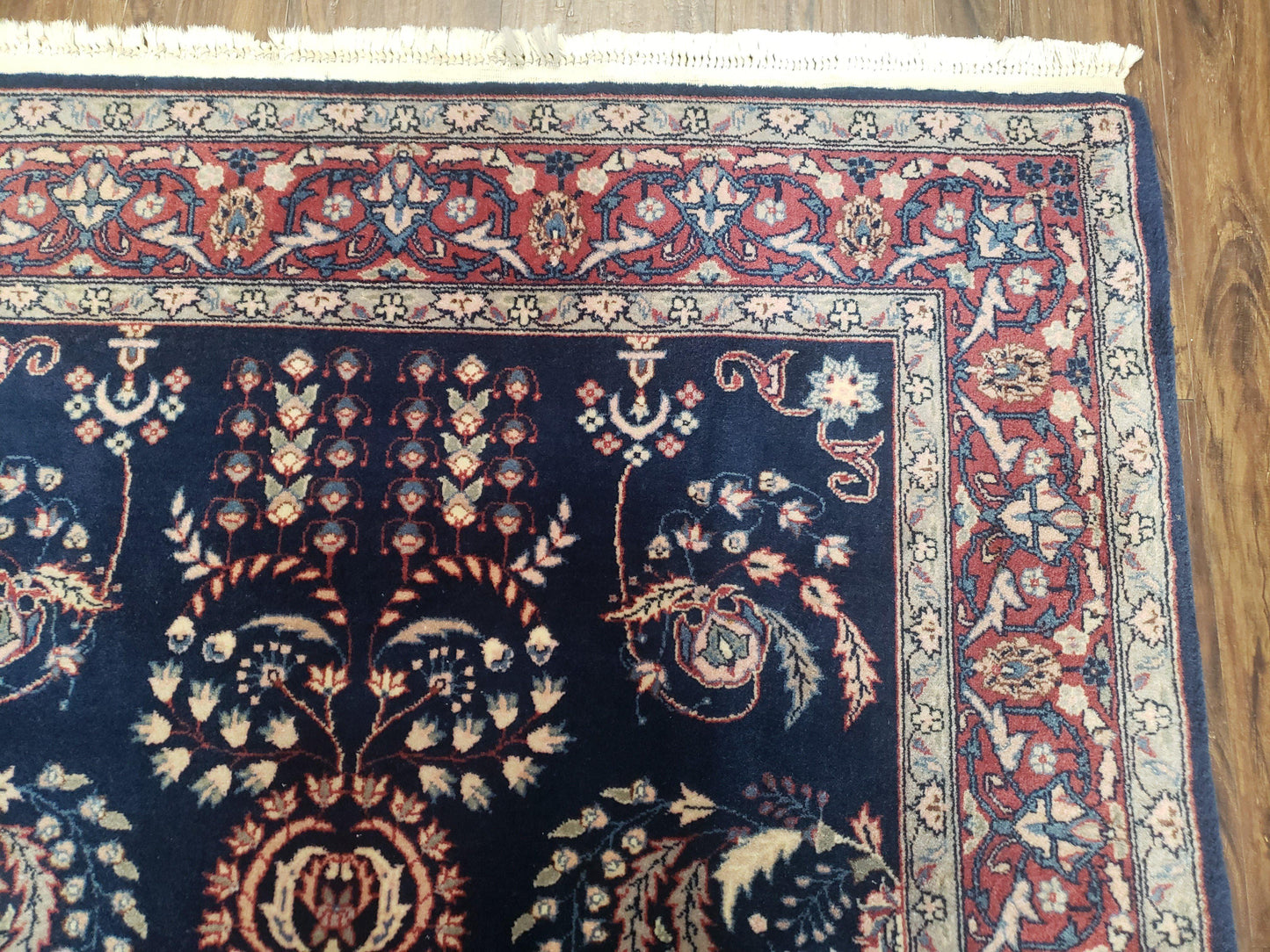 Indo Persian Rug 4x6 Hand Knotted Wool Oriental Carpet Dark Blue Floral Entryway