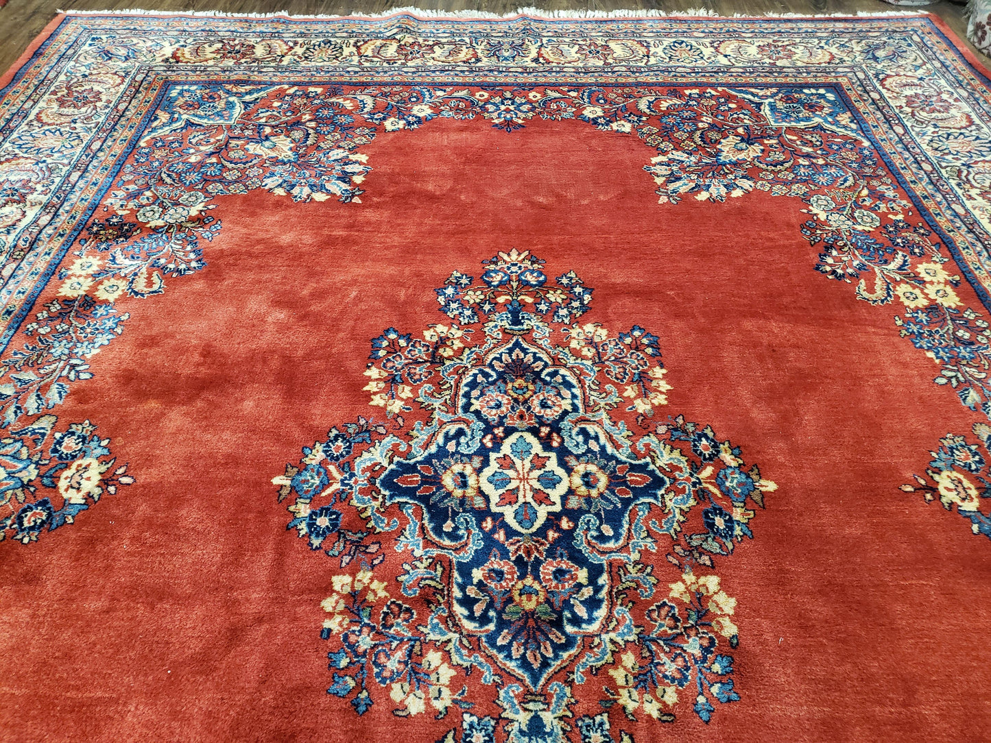 Semi Antique Persian Sarouk Rug 9x12 Hand Knotted Wool With Central Medallion Tomato Red