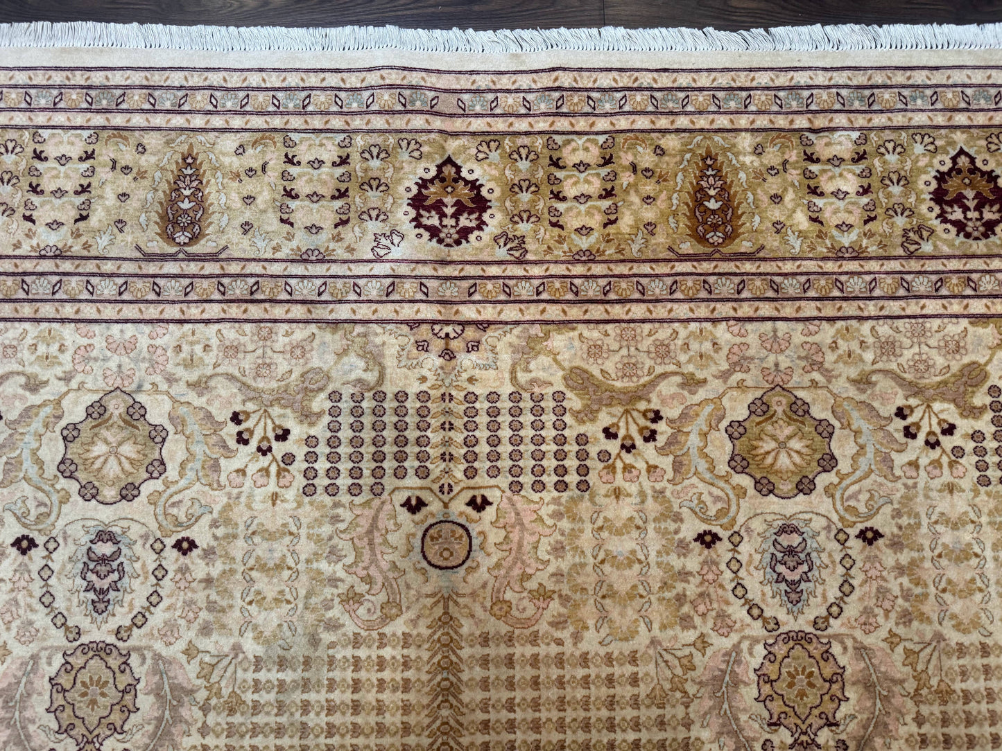 Pakistani Carpet 9x12, Finely Hand Knotted 270 KPSI, Cream, Allover Pattern