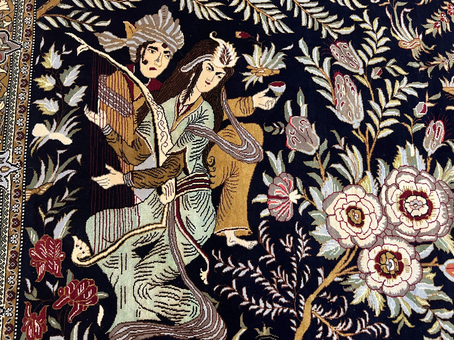 Persian Qum Pictorial Rug With Layla Majnun Birds In Garden Scene 4.8 By 6.5