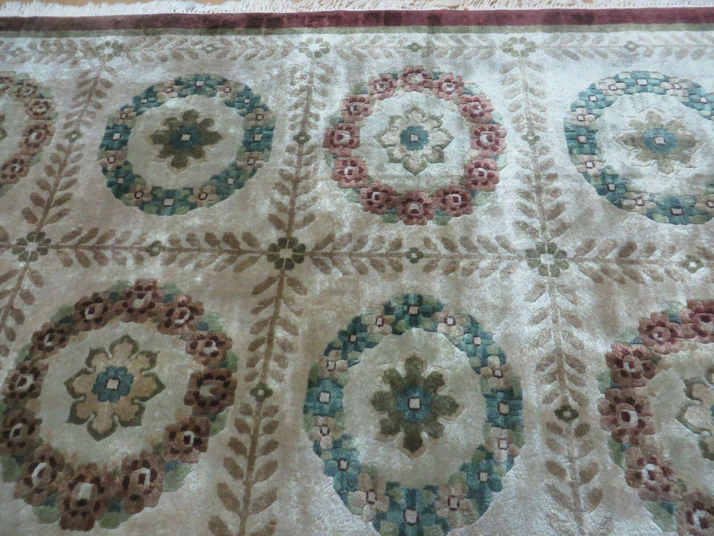 Handmade Wool Rug Indo Lahore 9x12 Modern Art Deco Olive Ivory