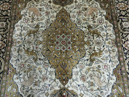 Handmade Chinese Silk Rug Deer And Birds Hand Knotted One Of A Kind 3 By 5