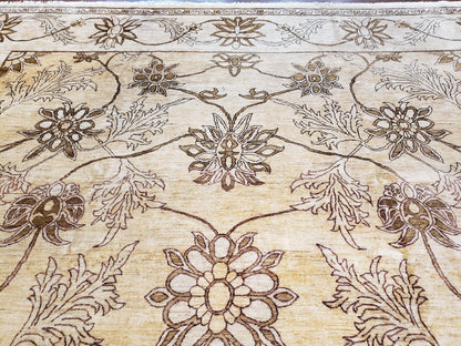 Oversized Peshawar Chobi Oushak Area Rug 11.6 x 12.5, Wool Hand-Knotted Light Gold & Ivory Decorative Pakistani Floral Carpet, 11x12 - 12x13