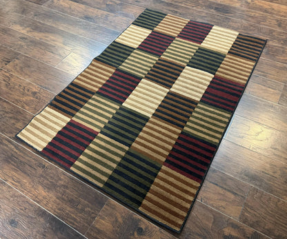 Vintage Power Loomed Rug 3.6 x 5, Brown Beige Black Tan, Box Design