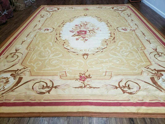 Aubusson Rug 10x13 Handmade Vintage Wool Floral