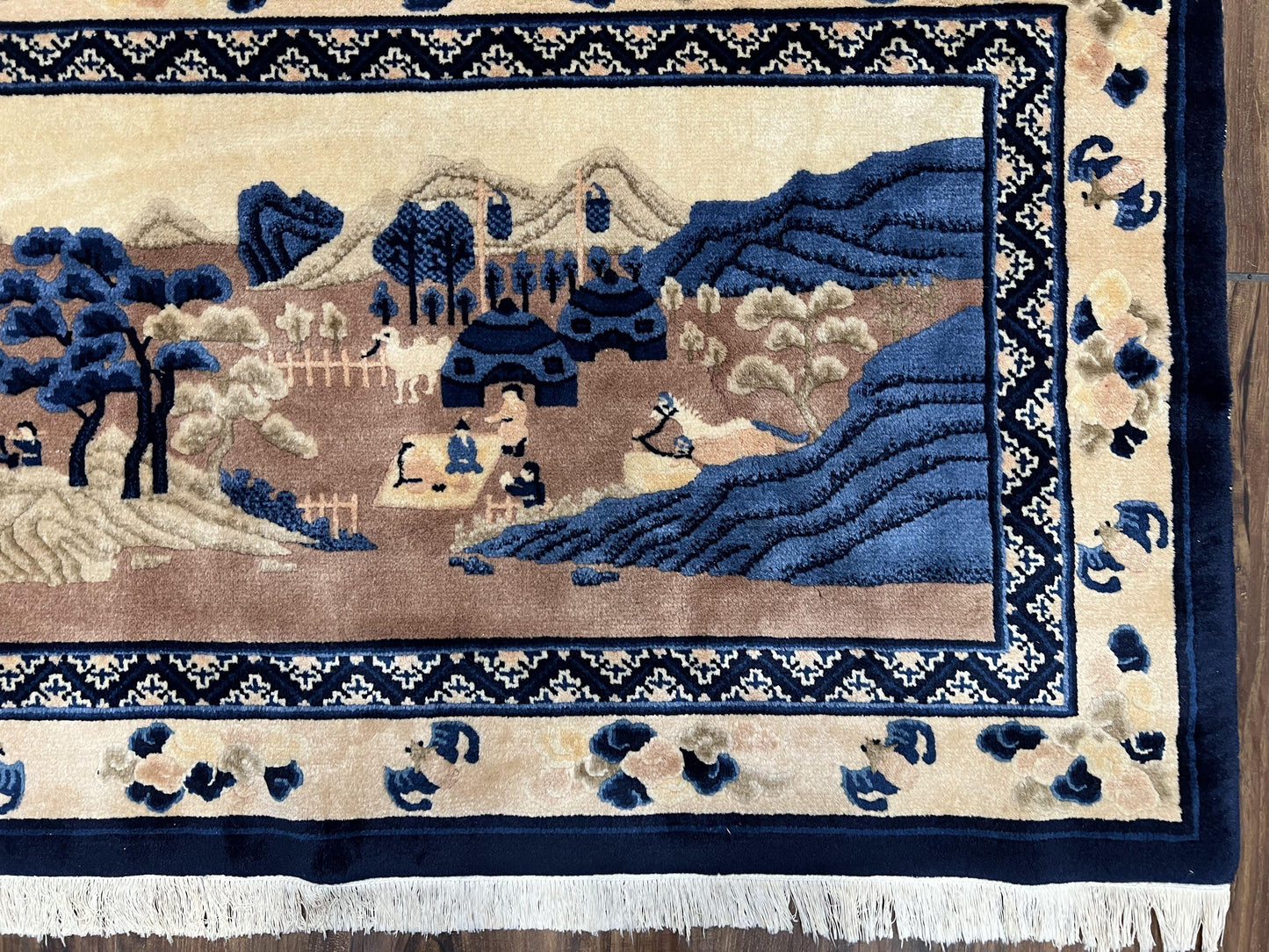 Chinese Pictorial Rug Antique Handmade 2.7x5 Village and Hills Beige Blue Wall Hanging Tapestry