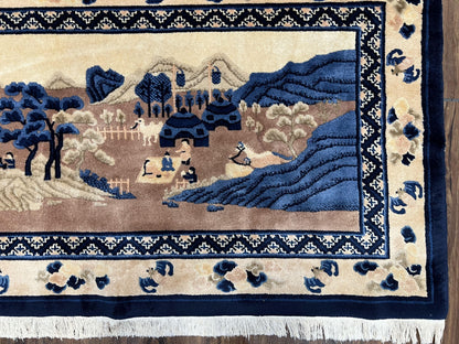 Chinese Pictorial Rug Antique Handmade 2.7x5 Village and Hills Beige Blue Wall Hanging Tapestry