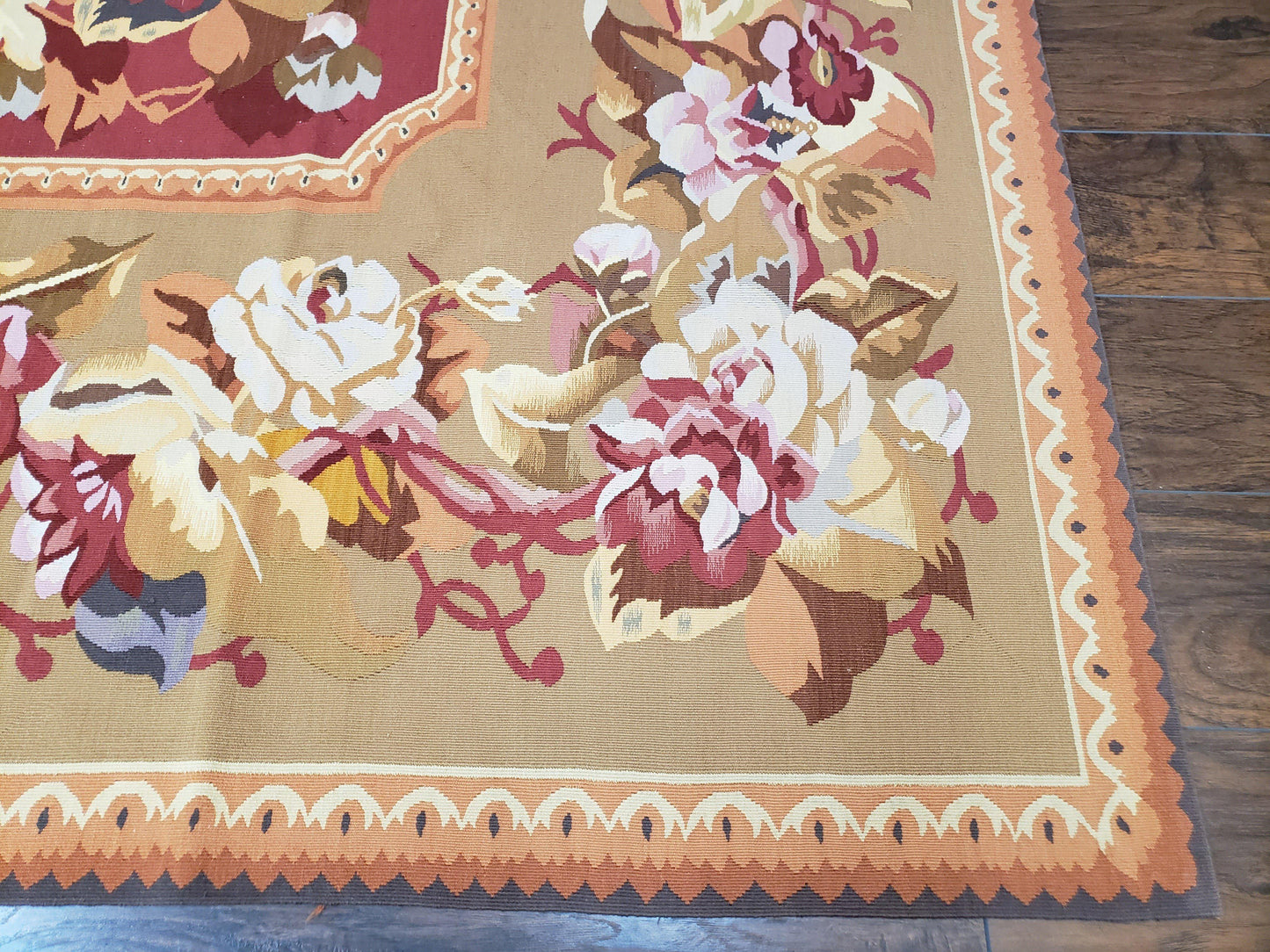 Vintage Chinese Aubusson Savonnerie Flat Pile Rug 9.9 x 14.5 Wool Handwoven Red & Khaki Large Flowers Rug 9x14 - 10x15 Michaelian Kolhberg