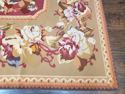 Vintage Chinese Aubusson Savonnerie Flat Pile Rug 9.9 x 14.5 Wool Handwoven Red & Khaki Large Flowers Rug 9x14 - 10x15 Michaelian Kolhberg