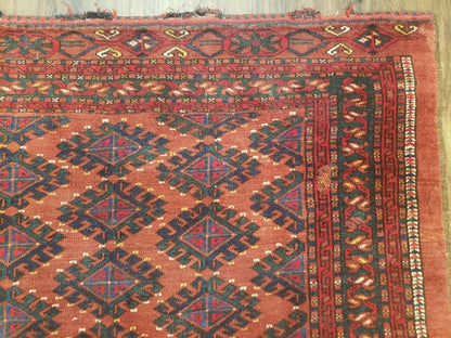 Antique Turkoman Rug Hand Knotted Wool 3ft 4in By 5ft Red Tribal Carpet