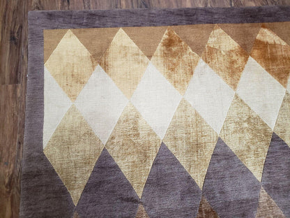 Hand Knotted Tibetan Rug 8.6 x 11 Wool and Silk Multicolor Diamond Panel Design