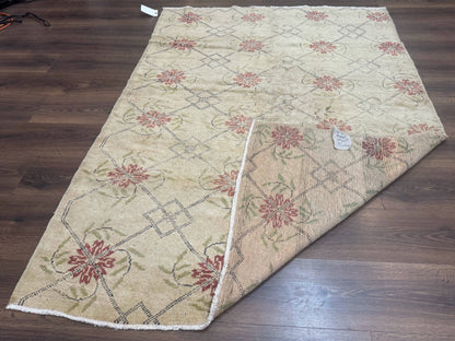 Turkish Rug 5x6 Oushak Carpet Beige Hand Knotted Wool Area Rug